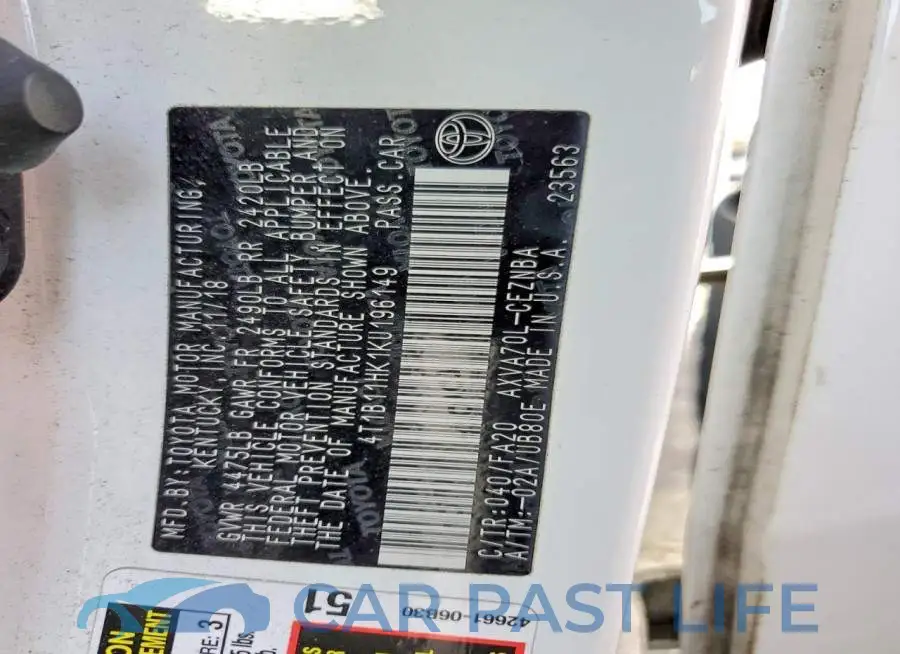 4T1B11HK1KU196149# 12