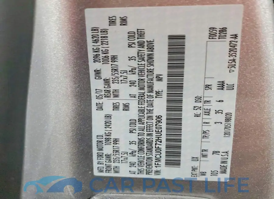 1FMCU0F72HUE07906# 13
