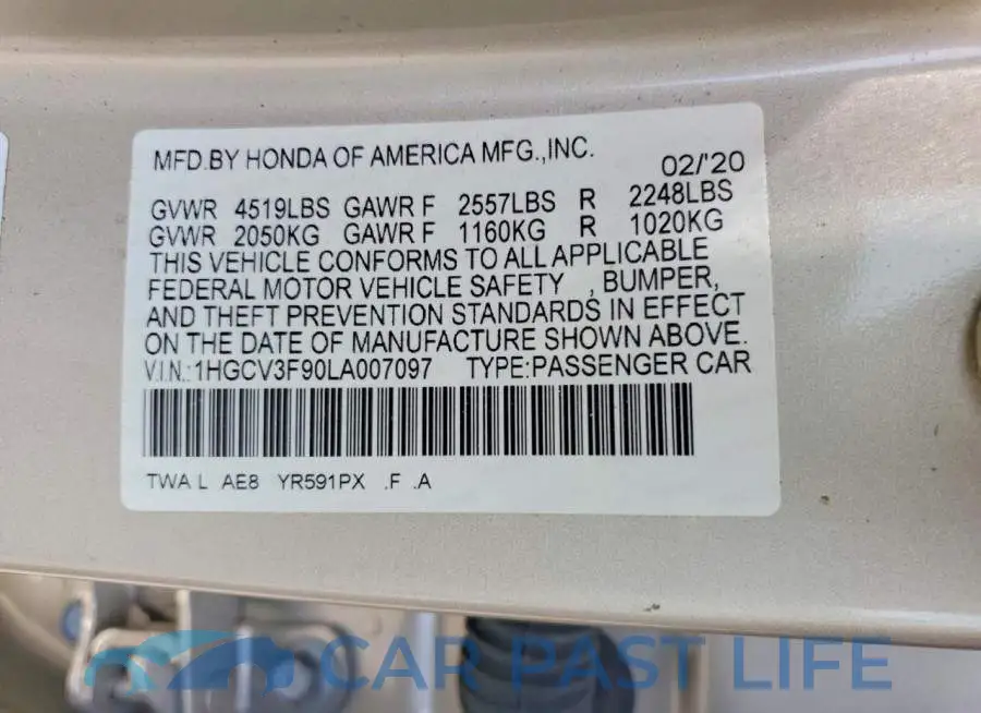 1HGCV3F90LA007097# 12