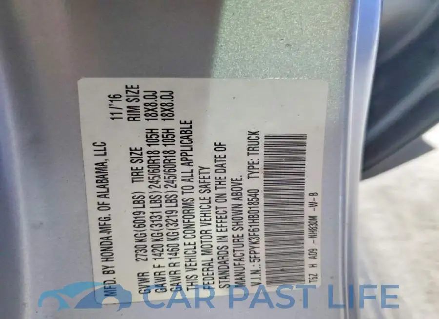 5FPYK3F61HB018540# 12