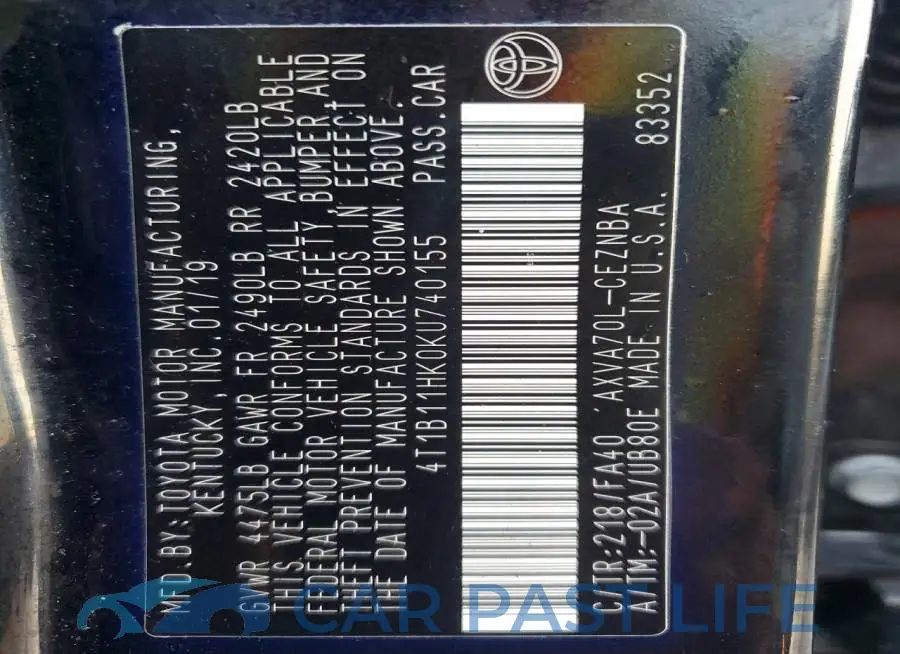 4T1B11HK0KU740155# 12