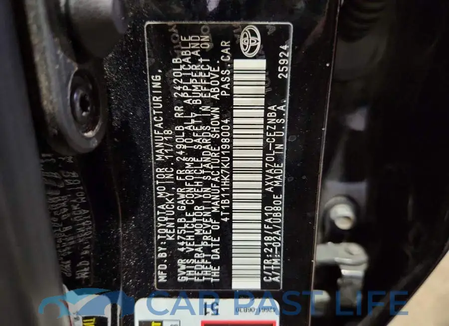4T1B11HK7KU198004# 12