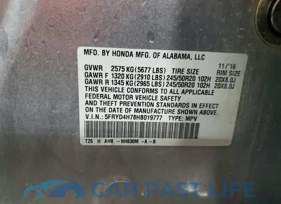 5FRYD4H78HB019777# 13