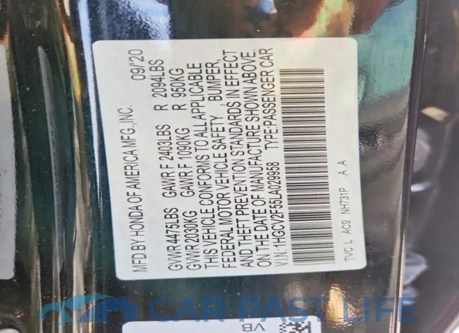 1HGCV2F55LA029958# 12