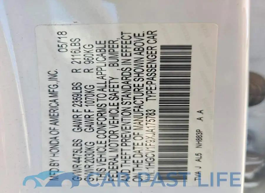 1HGCV1F9XJA175783# 12