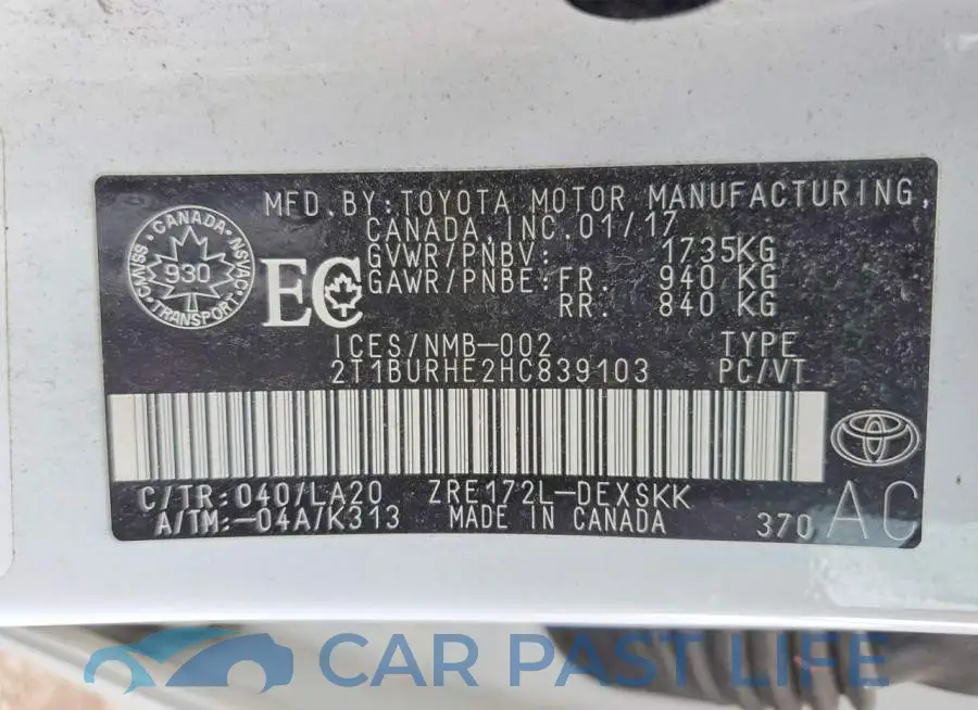 2T1BURHE2HC839103# 12