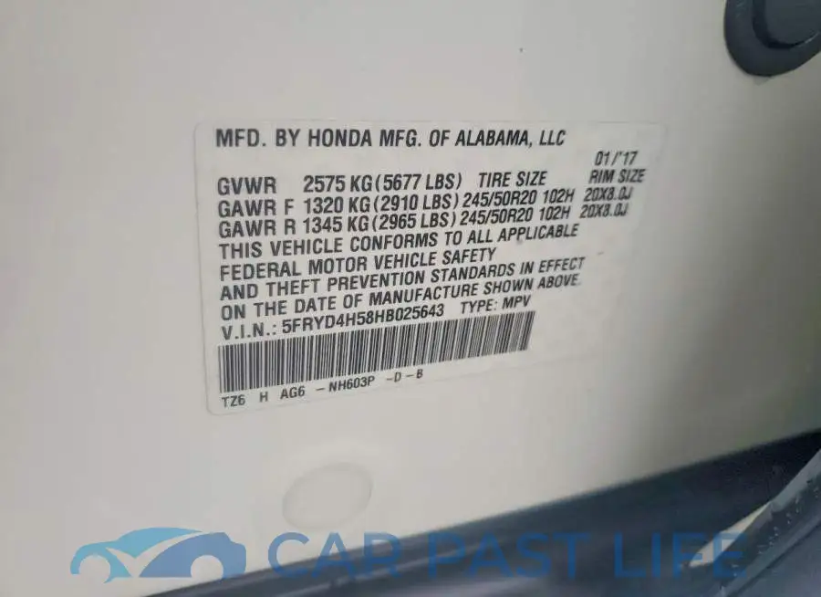 5FRYD4H58HB025643# 12