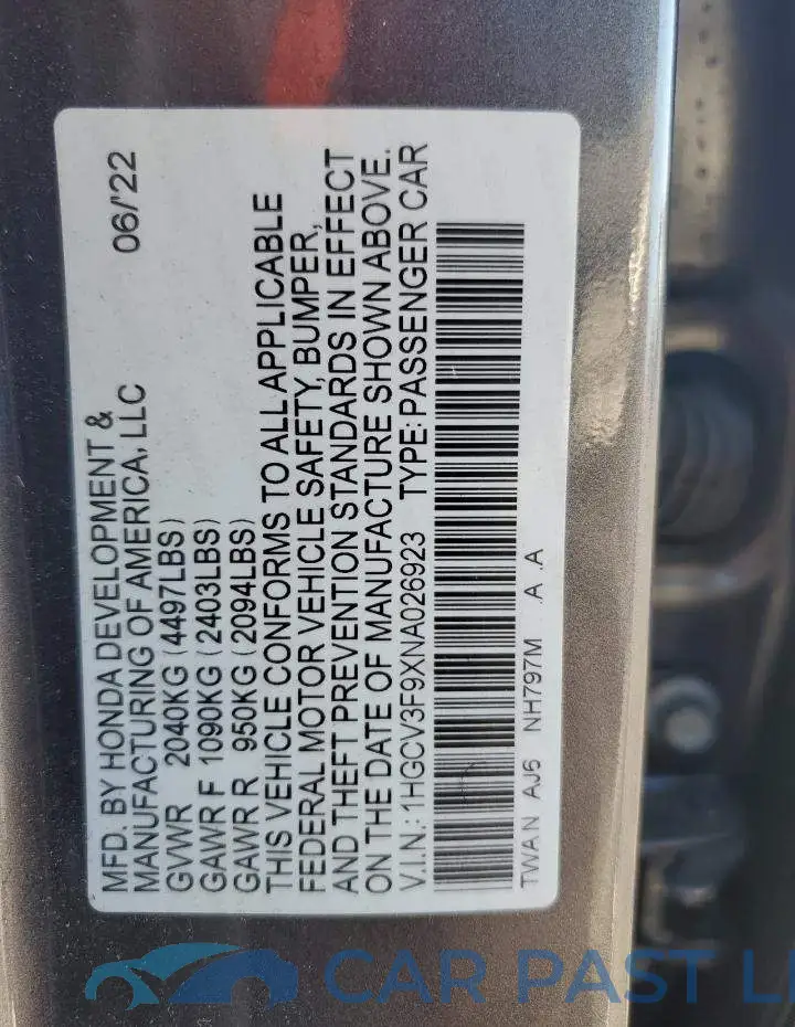 1HGCV3F9XNA026923# 12
