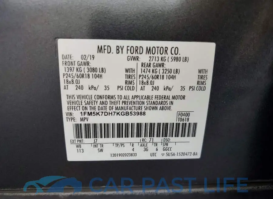 1FM5K7DH7KGB53988# 12