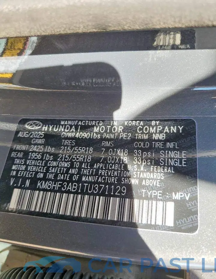 KM8HF3AB1TU371129# 12