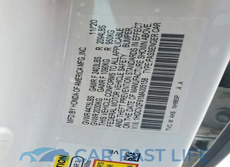 1HGCV2F91MA005158# 12
