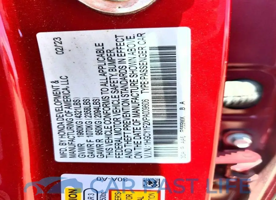 1HGCY1F2XPA009606# 12