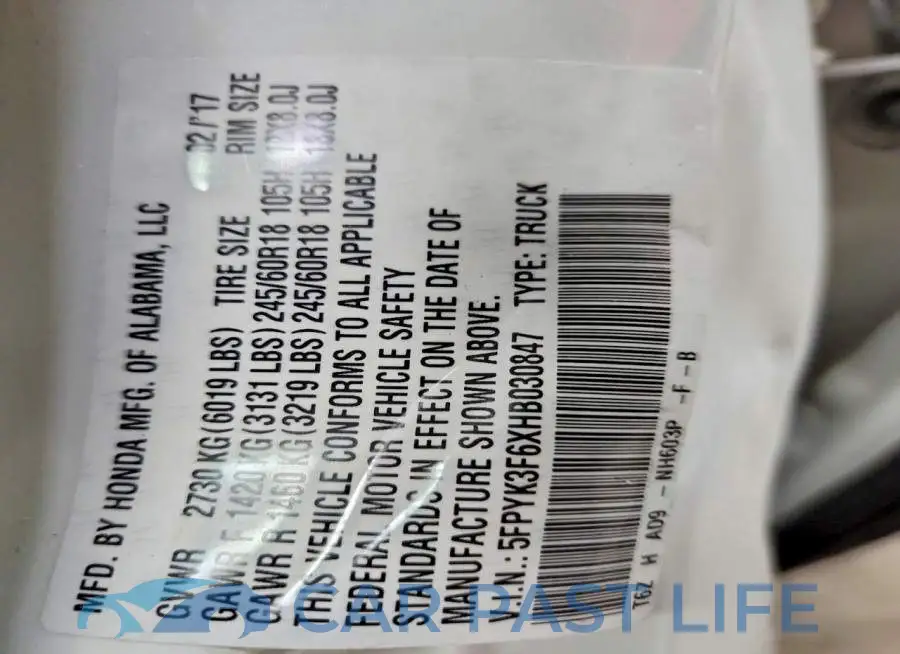 5FPYK3F6XHB030847# 12