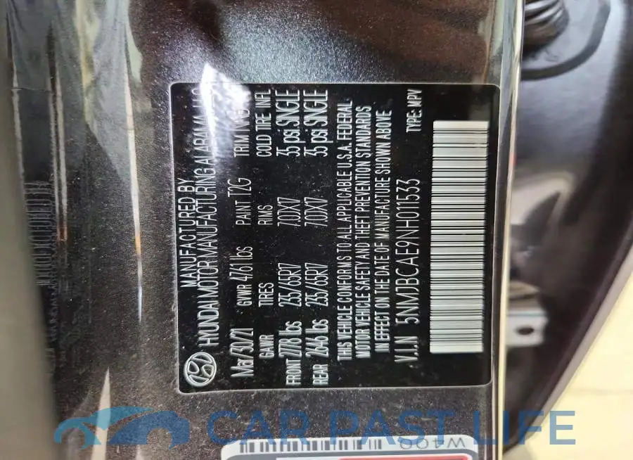 5NMJBCAE9NH011533# 13