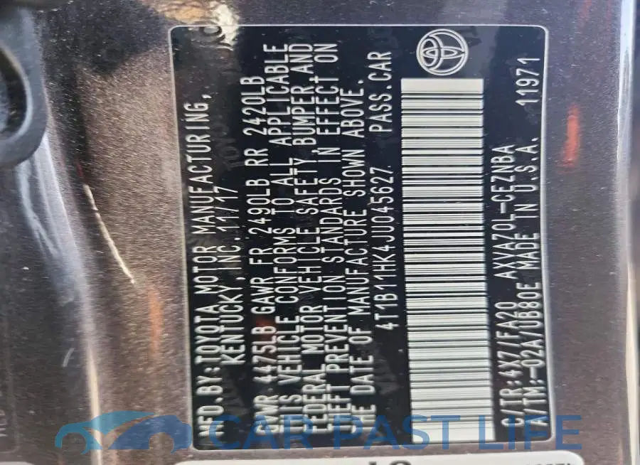 4T1B11HK4JU045627# 12