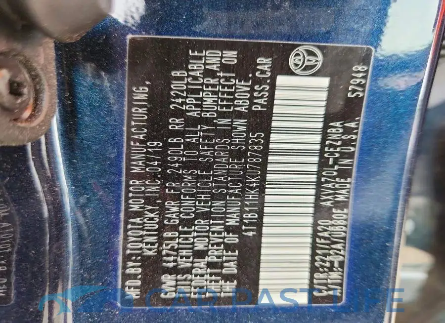 4T1B11HK4KU787835# 12