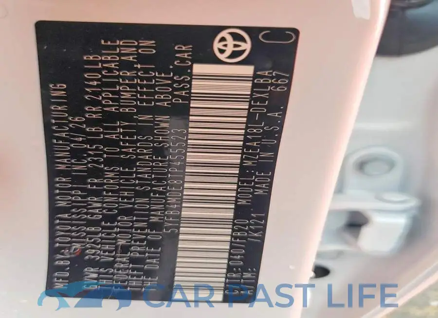 5YFB4MDE8TP455523# 12