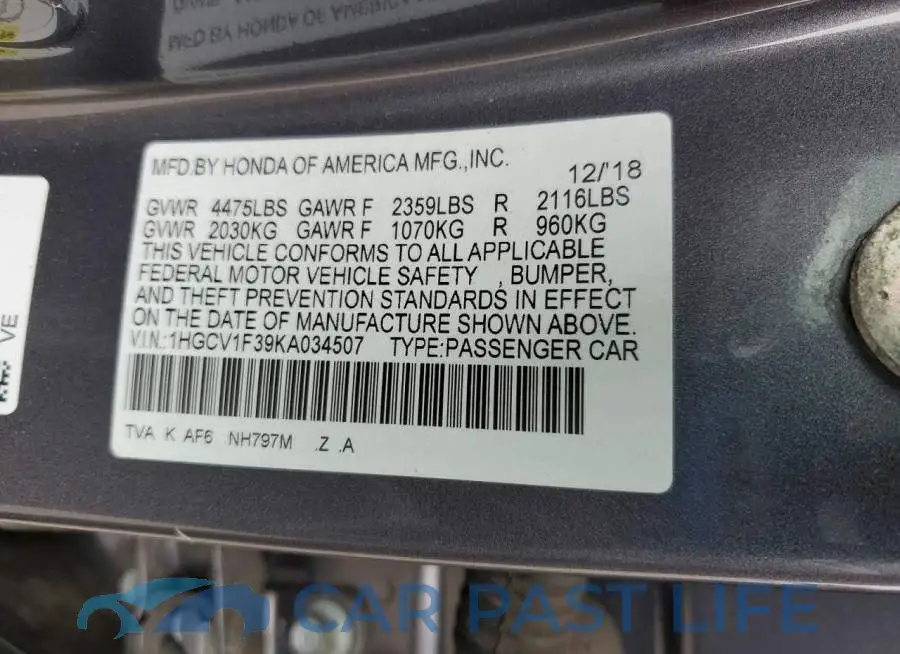 1HGCV1F39KA034507# 12