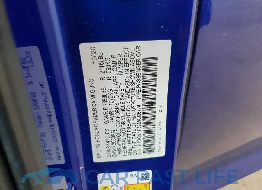 1HGCV1F39MA006774# 12