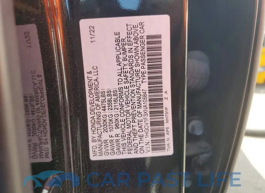 1HGCV1F3XNA105847# 12