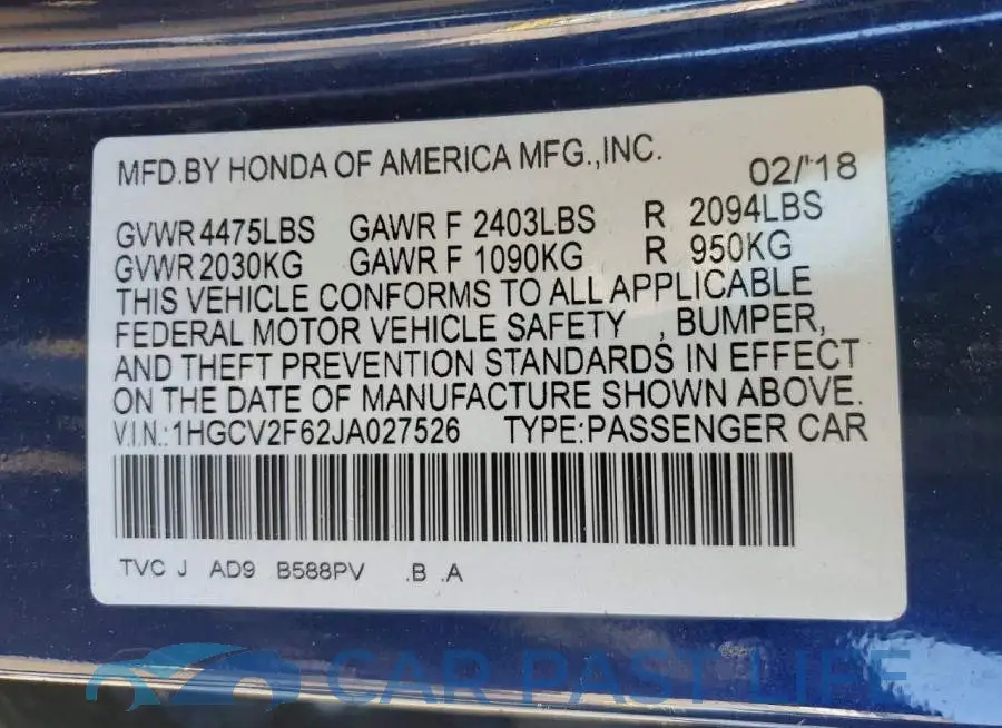 1HGCV2F62JA027526# 12