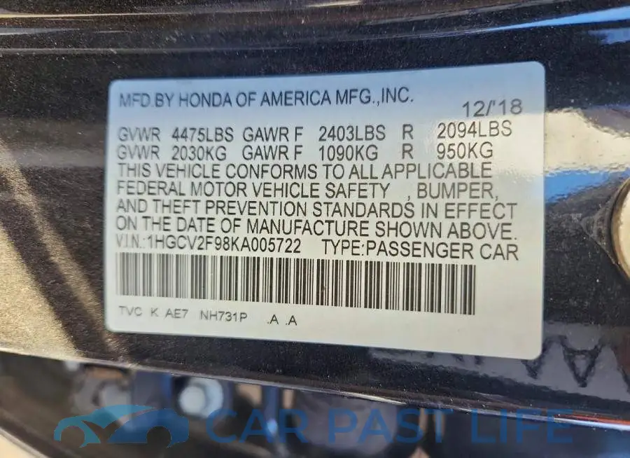 1HGCV2F98KA005722# 12