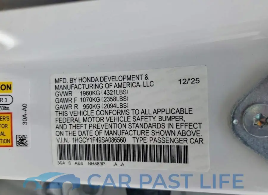 1HGCY1F49SA086560# 12
