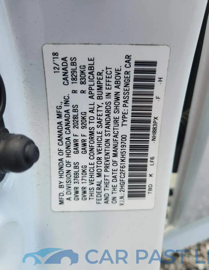 2HGFC2F61KH519700# 13