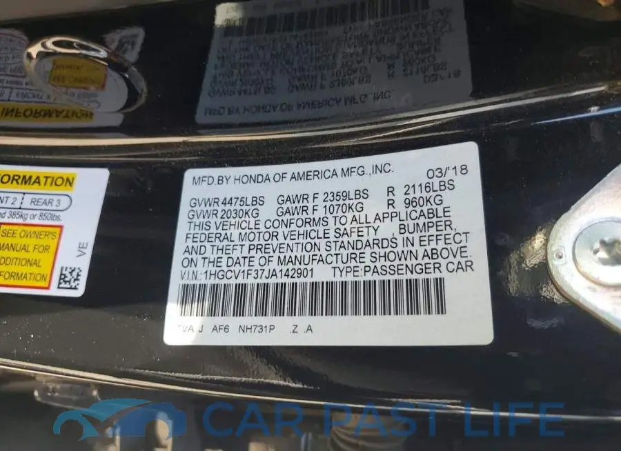 1HGCV1F37JA142901# 12