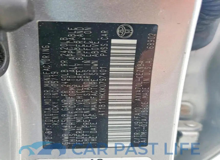 4T1B11HKXKU797401# 12