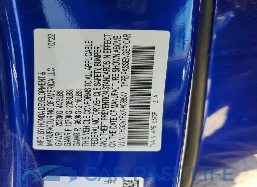 1HGCV1F30NA088542# 12