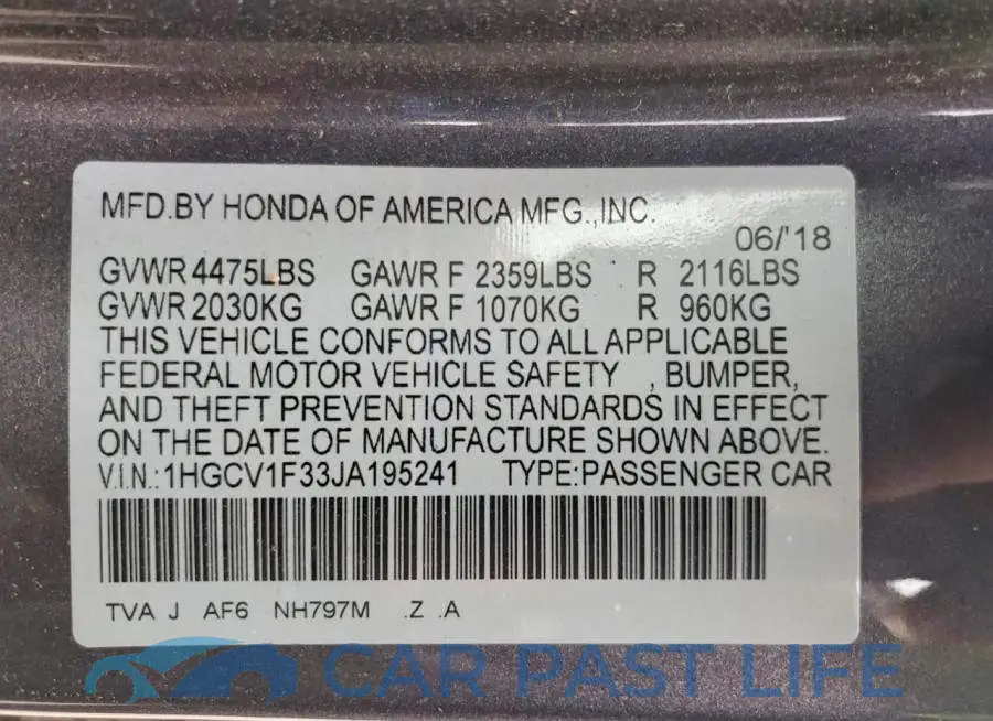 1HGCV1F33JA195241# 12