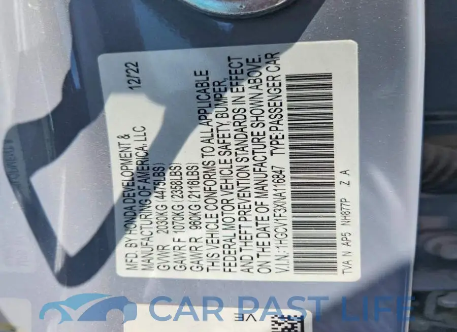 1HGCV1F3XNA116847# 12