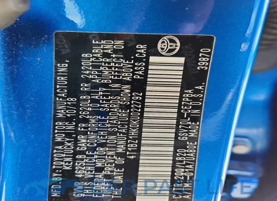 4T1BZ1HK0KU022792# 12