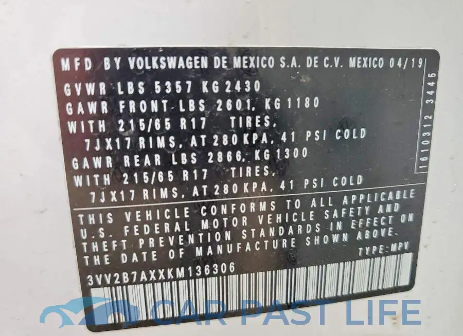 3VV2B7AXXKM136306# 13