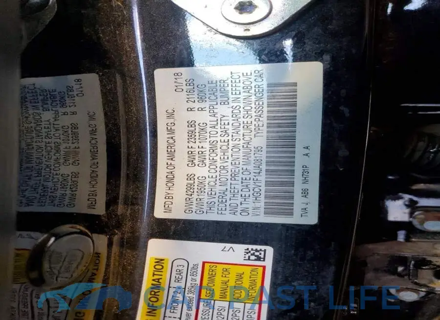 1HGCV1F14JA081795# 12
