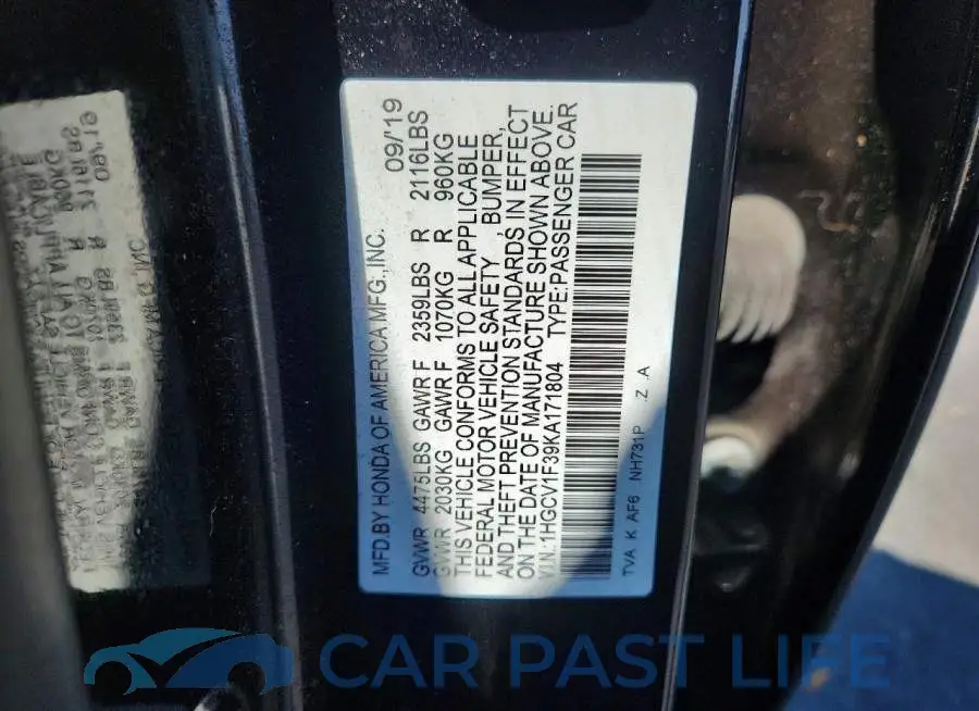 1HGCV1F39KA171804# 12