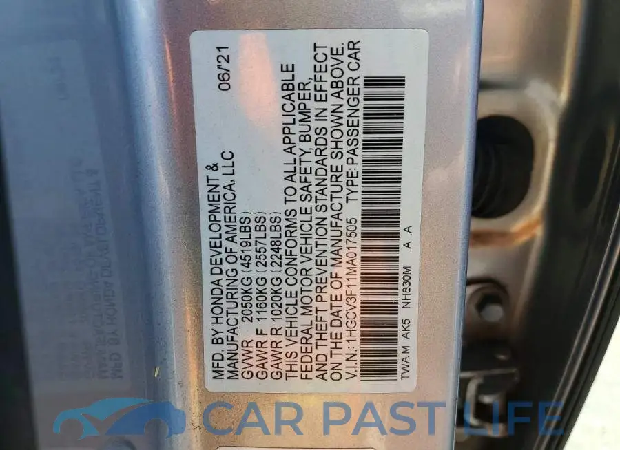 1HGCV3F11MA017505# 12