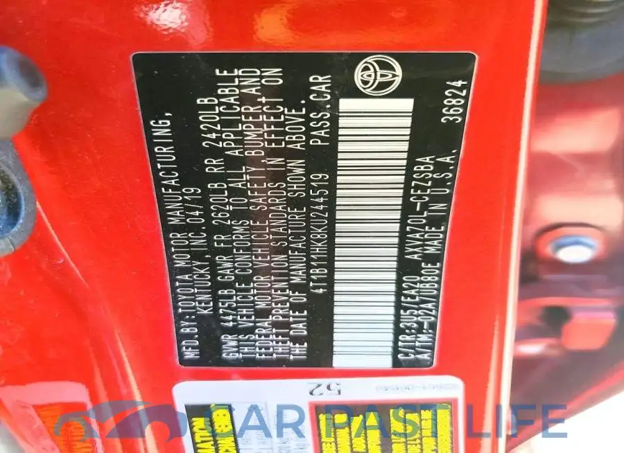 4T1B11HK8KU244519# 12