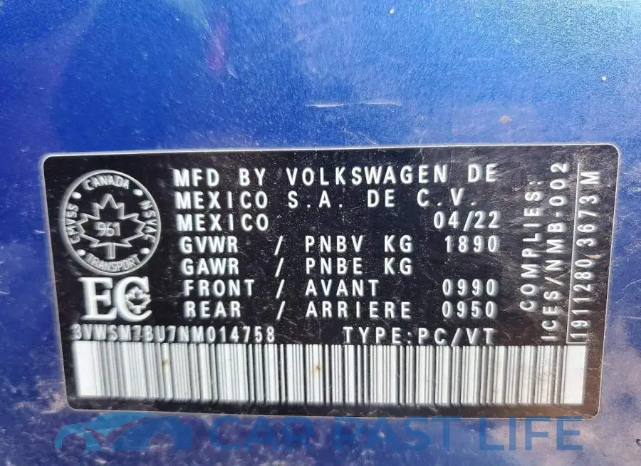 3VWSM7BU7NM014758# 13