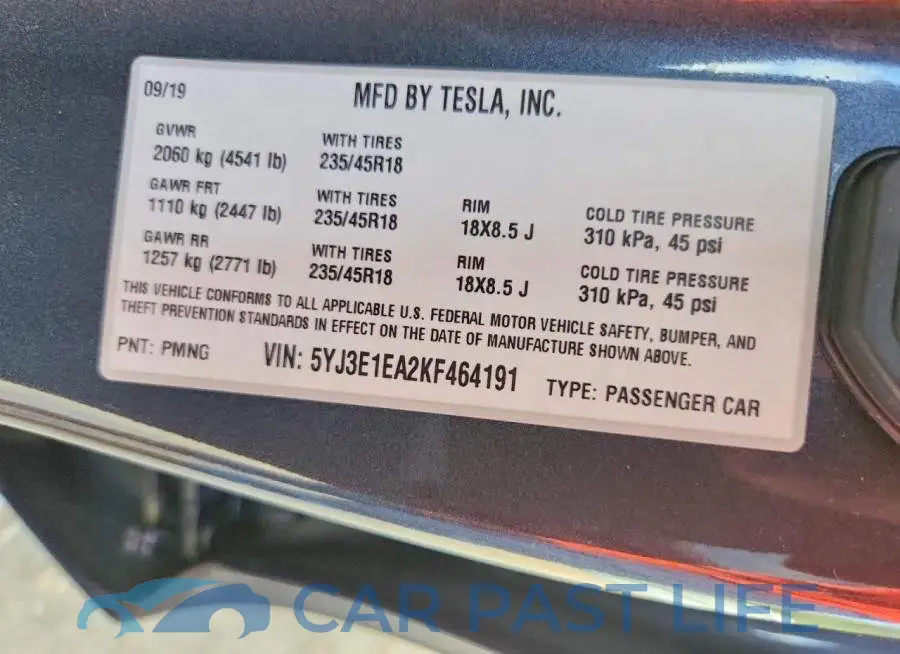 5YJ3E1EA2KF464191# 12