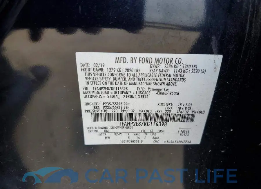 1FAHP2E87KG116398# 12
