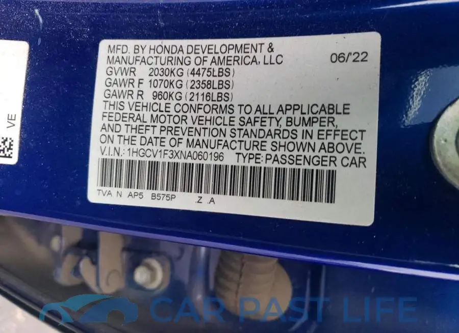 1HGCV1F3XNA060196# 12