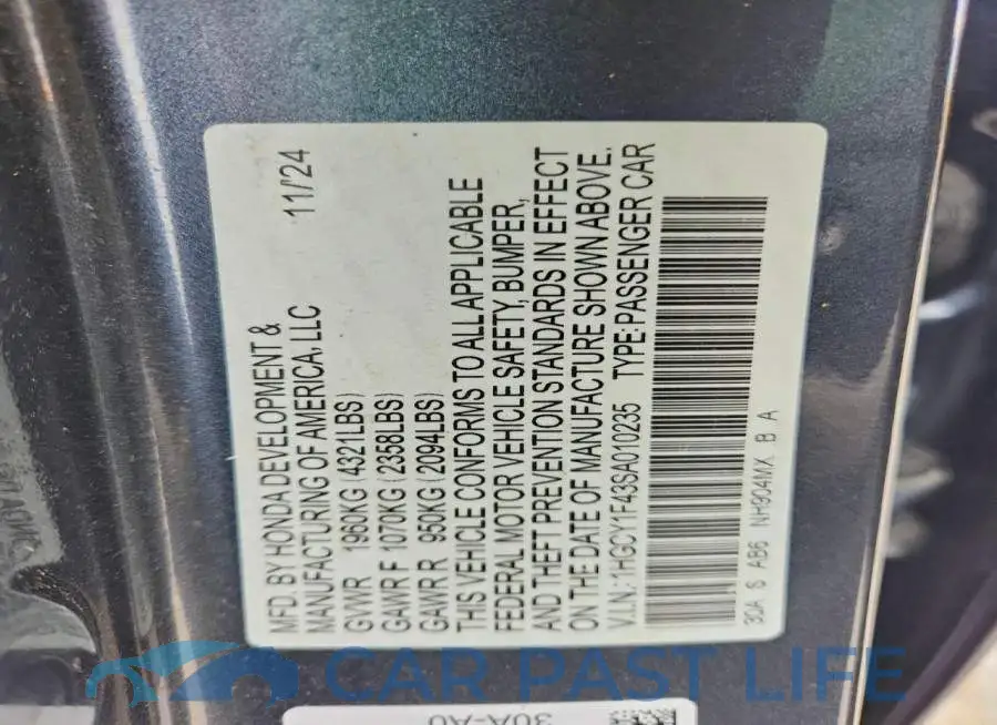 1HGCY1F43SA010235# 12