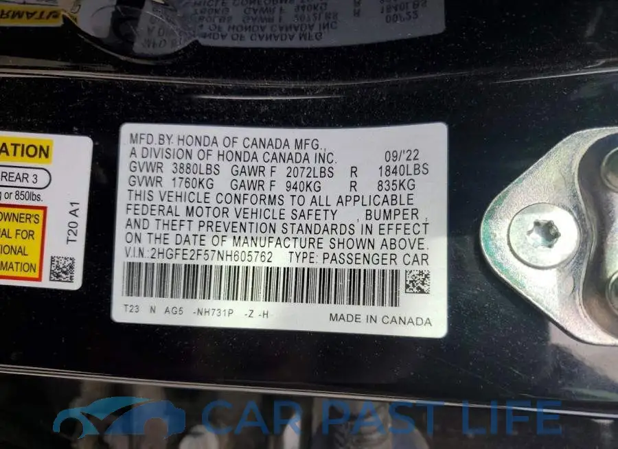 2HGFE2F57NH605762# 12