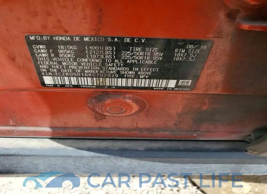 3CZRU5H16KG702029# 12