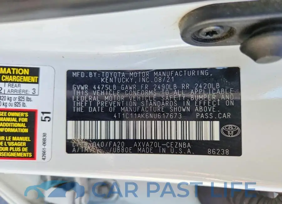 4T1C11AK6NU617673# 12