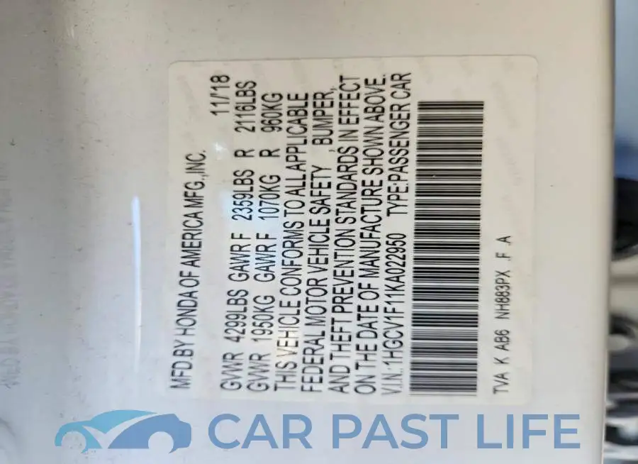 1HGCV1F11KA022950# 12