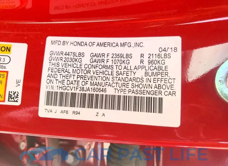 1HGCV1F38JA160646# 12
