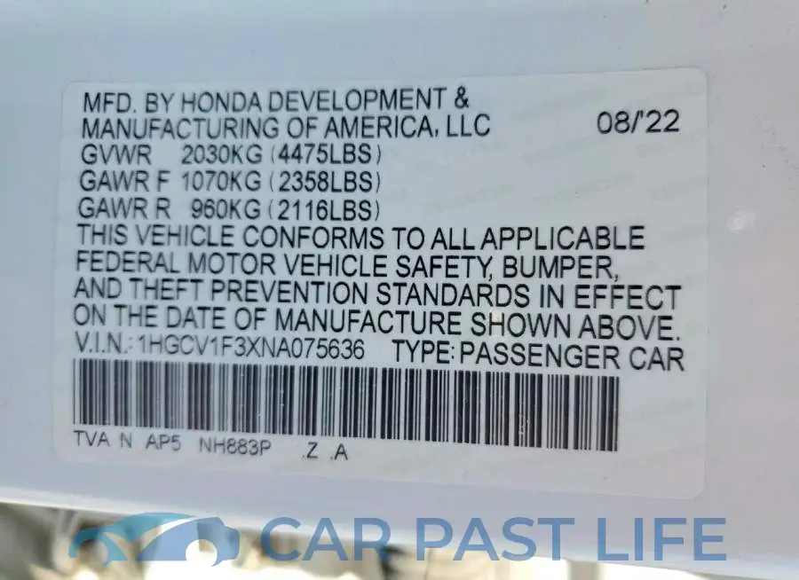 1HGCV1F3XNA075636# 12